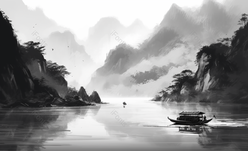 古人游船黑色水墨画中国风背景,插画/手绘图,插画/手绘图库,插画/手绘图下载,插画/手绘